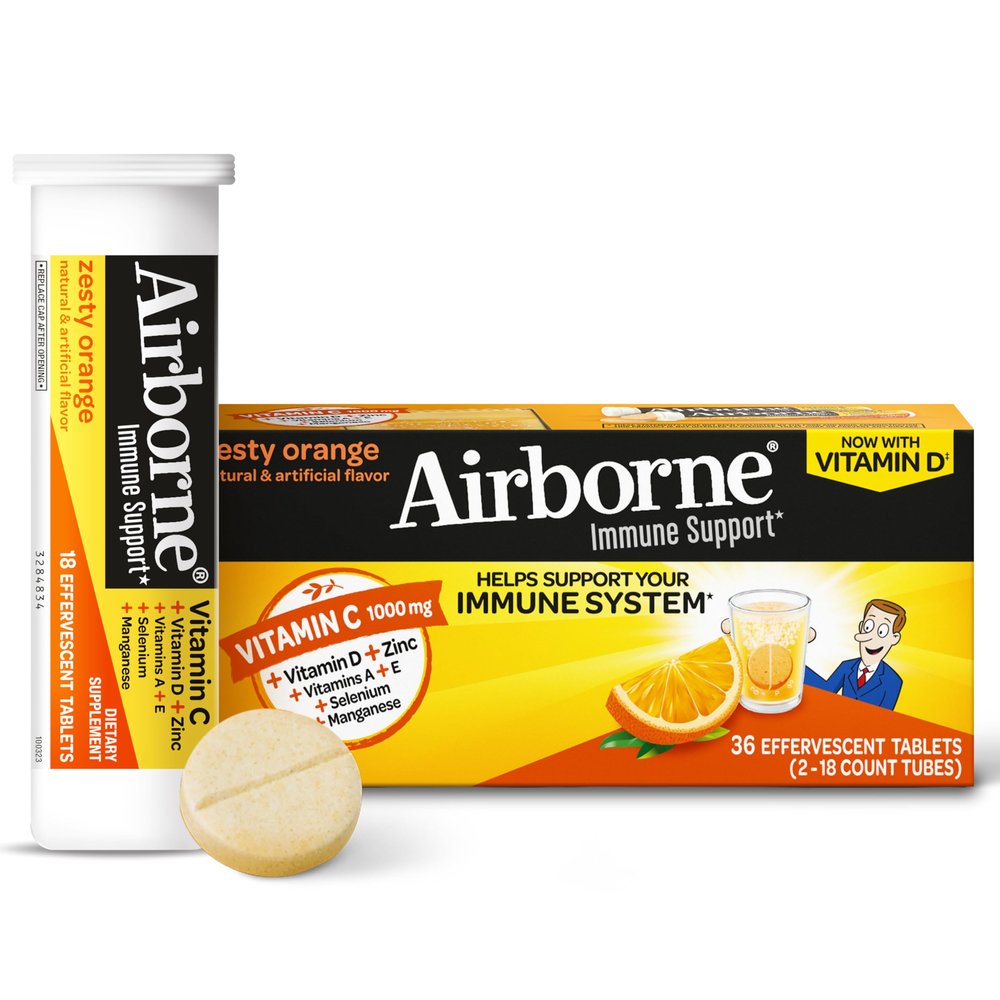 Vitamin C 1000mg (per serving) - Airborne Zesty Orange Effervescent Tablets (36 count in a box), Gluten-Free Immune Support Supplement With Vitamins A C E, ZINC, Selenium, Echinacea & Ginger