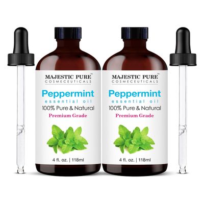 Majestic Pure Essential Oil with Glass Dropper - 100% Pure and Natural - Essential Oils for Diffuser, Aromatherapy, Soap and Candle Making, Peppermint Essential Oil, Peppermint Oil, 4 Fl Oz Pack of 2