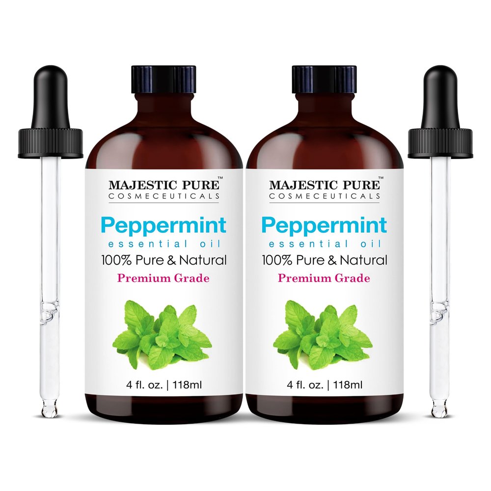 Majestic Pure Essential Oil with Glass Dropper - 100% Pure and Natural - Essential Oils for Diffuser, Aromatherapy, Soap and Candle Making, Peppermint Essential Oil, Peppermint Oil, 4 Fl Oz Pack of 2
