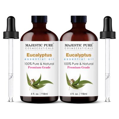Majestic Pure Essential Oil with Glass Dropper - 100% Pure and Natural - Essential Oils for Diffuser, Aromatherapy, Soap and Candle Making, Eucalyptus Essential Oil, Eucalyptus Oil, 4 Fl Oz Pack of 2