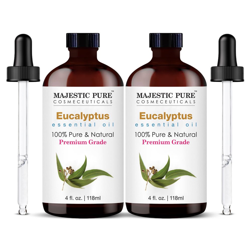 Majestic Pure Essential Oil with Glass Dropper - 100% Pure and Natural - Essential Oils for Diffuser, Aromatherapy, Soap and Candle Making, Eucalyptus Essential Oil, Eucalyptus Oil, 4 Fl Oz Pack of 2