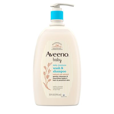 Aveeno Baby Daily Moisture Body Wash & Shampoo with Oat Extract, Hypoallergenic, Tear-Free, No Added Parabens, pH-Balanced Formula for Sensitive Hair & Skin, Baby Essentials, 33 fl oz
