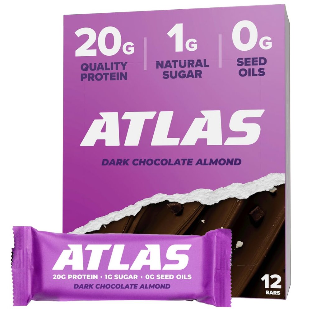 Atlas Real Food Protein Bar  20g Clean Protein, 1g Sugar, No Seed Oils, No Artificial Sweeteners (Dark Chocolate Almond, 12 Count)