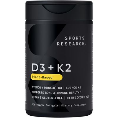 Sports Research Vitamin D3 K2 with 5000iu of Vegan D3 & 100mcg of Vitamin K2 as MK7 | Non-GMO Verified, Vegan Certified, Gluten & Soy Free - 60 Liquid Softgels