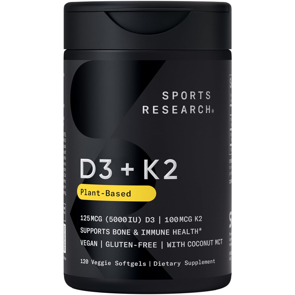 Sports Research Vitamin D3 K2 with 5000iu of Vegan D3 & 100mcg of Vitamin K2 as MK7 | Non-GMO Verified, Vegan Certified, Gluten & Soy Free - 60 Liquid Softgels