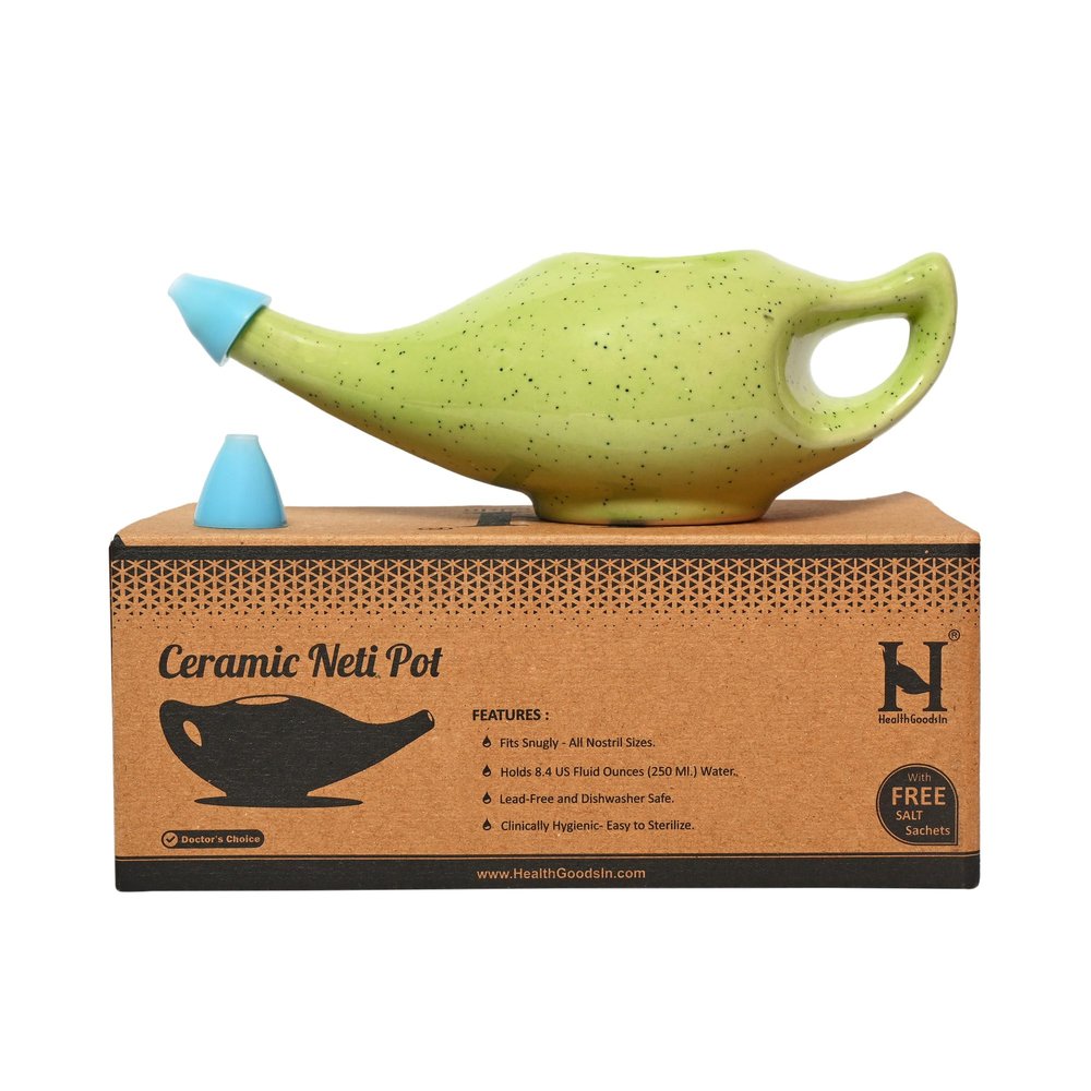 HealthGoodsIn Premium Handcrafted Durable Ceramic Neti Pot, Nasal Irrigator, Dishwasher Safe, 2 Silicone Nozzle Tip, Holds 225 Ml. Water - (Freckle Pattern Green)