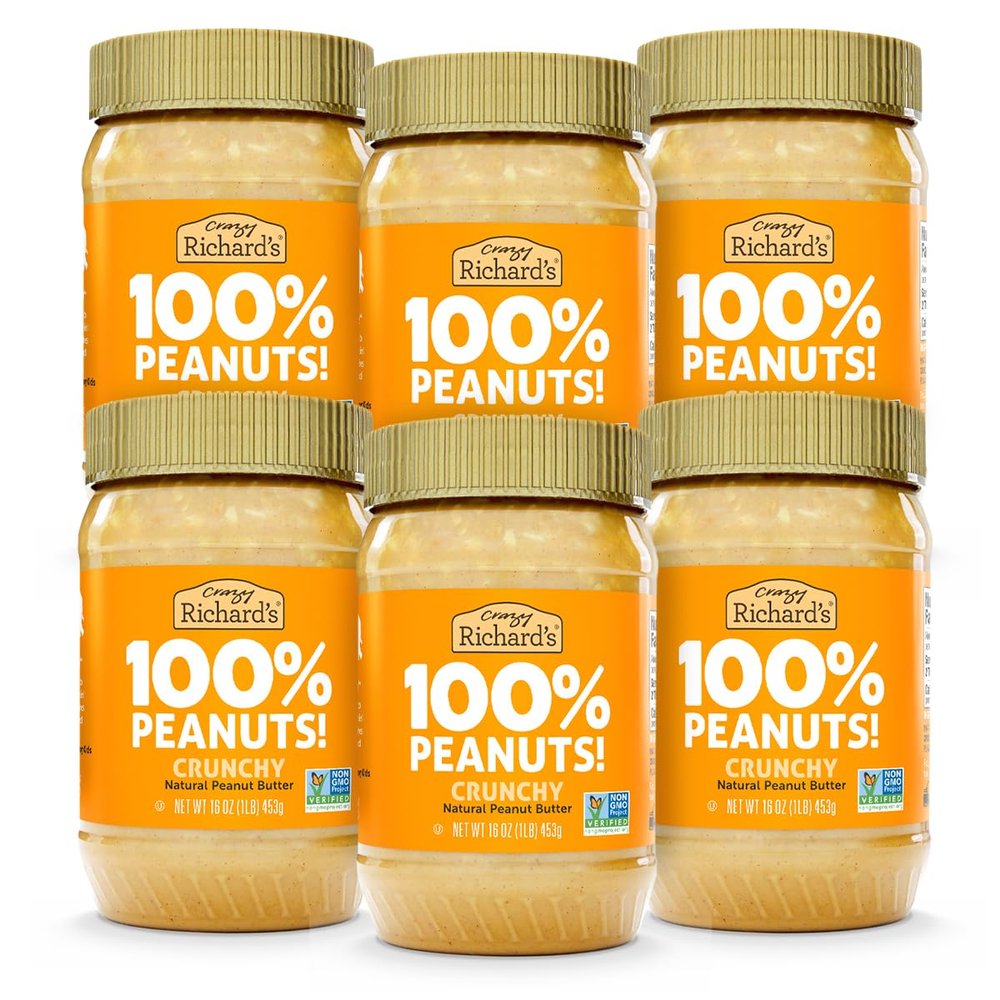 Crazy Richard's 100% All-Natural Crunchy Vegan Peanut Butter with No Added Sugar and Non-GMO (16 Ounce, Pack of 6)