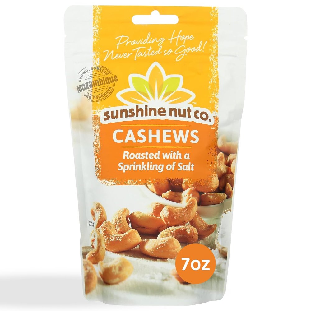 Sunshine Nut Company Whole Roasted Lightly Salted Cashews, Sprinkling of Salt Flavor, Single 7 oz. Bag, Gluten Free, Peanut Free and Vegan Individual Snack Packs for Kids and Adults, GMO Free
