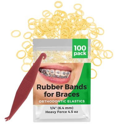 Orthodontic Rubber Bands for Braces - Premium Quality Elastic Teeth Rubber Bands for Braces, Fix Tooth Gaps, Dreadlocks, Includes Free Elastic Placer- Heavy Force 4.5 oz, 1/4 Inch, Natural (100 Pack)