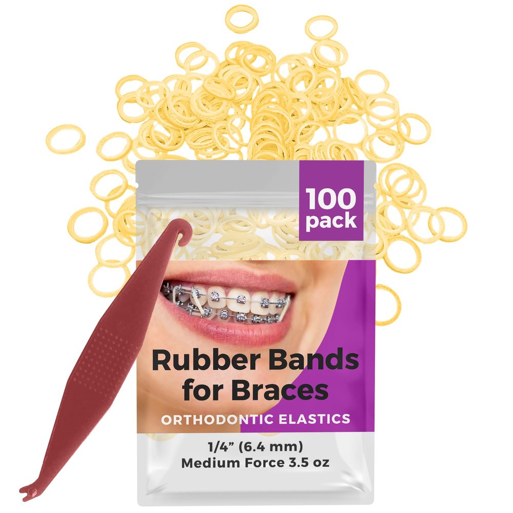Orthodontic Rubber Bands for Braces - Premium Quality Elastic Teeth Rubber Bands for Braces, Fix Tooth Gaps, Dreadlocks, Includes Free Elastic Placer- Medium Force 3.5 oz, 1/4 Inch, Natural (100 Pack)
