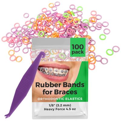 Orthodontic Rubber Bands for Braces - Premium Quality Elastic Teeth Rubber Bands for Braces, Fix Tooth Gaps, Dreadlocks, Includes Free Elastic Placer - Heavy Force 4.5 oz, 1/8 Inch, Neon (100 Pack)