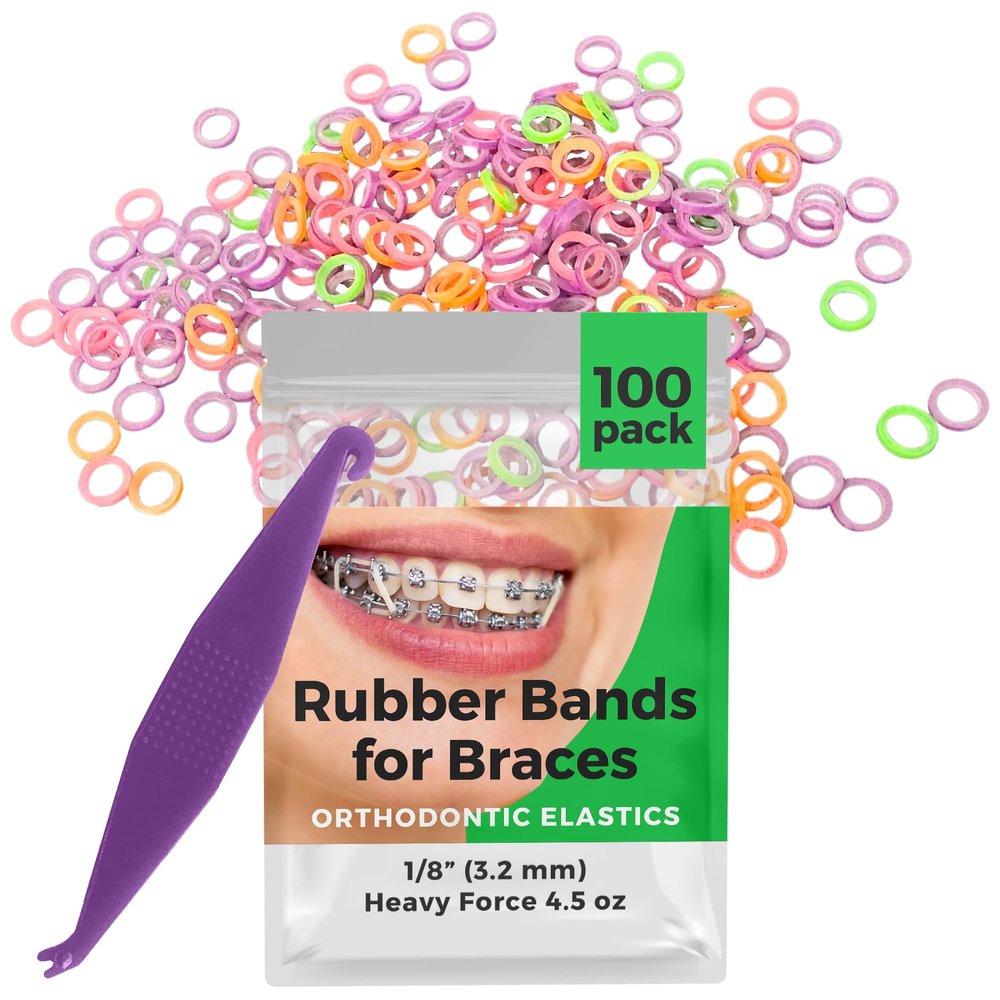 Orthodontic Rubber Bands for Braces - Premium Quality Elastic Teeth Rubber Bands for Braces, Fix Tooth Gaps, Dreadlocks, Includes Free Elastic Placer - Heavy Force 4.5 oz, 1/8 Inch, Neon (100 Pack)