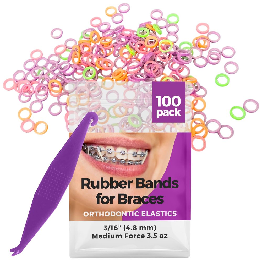 Orthodontic Rubber Bands for Braces - Premium Quality Elastic Teeth Rubber Bands for Braces, Fix Tooth Gaps, Dreadlocks, Includes Free Elastic Placer- Medium Force 3.5 oz, 3/16 Inch, Neon (100 Pack)