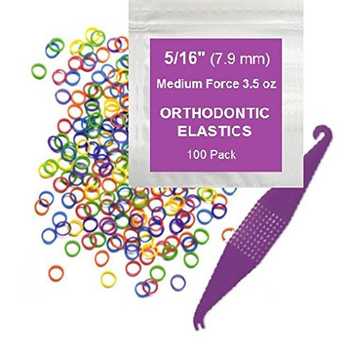 Orthodontic Rubber Bands for Braces - Premium Quality Elastic Teeth Rubber Bands for Braces, Fix Tooth Gaps, Dreadlocks, Includes Free Elastic Placer - Medium Force 3.5 oz, 5/16 Inch, Neon (100 Pack)