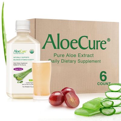 AloeCure USDA Organic Aloe Vera Juice Grape Flavor, Made Within 12 Hours of Harvest - Pure Aloe Vera Digestive & Immune Health Supplement, Helps Maintain Balanced Stomach Acidity, 16.7oz x 6 Btls