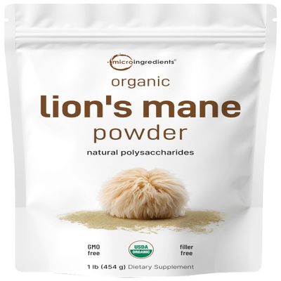 Micro Ingredients Organic Lions Mane Mushroom Powder, 16oz | Pure Fruiting Body Superfood | Supports Brain, Focus, Energy & Immune Health | Great for Smoothies & Coffee | Filler Free, Vegan, Non-GMO