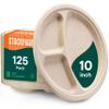 100% Compostable, 3 Compartment, Disposable Paper Plates [125-Pack] - {PFAS Free} - {BPA Certified} - [10 Inch] Heavy Duty Biodegradable Bagasse Sectional Lunch Trays + Dividers - Divided Platte Tray view 1