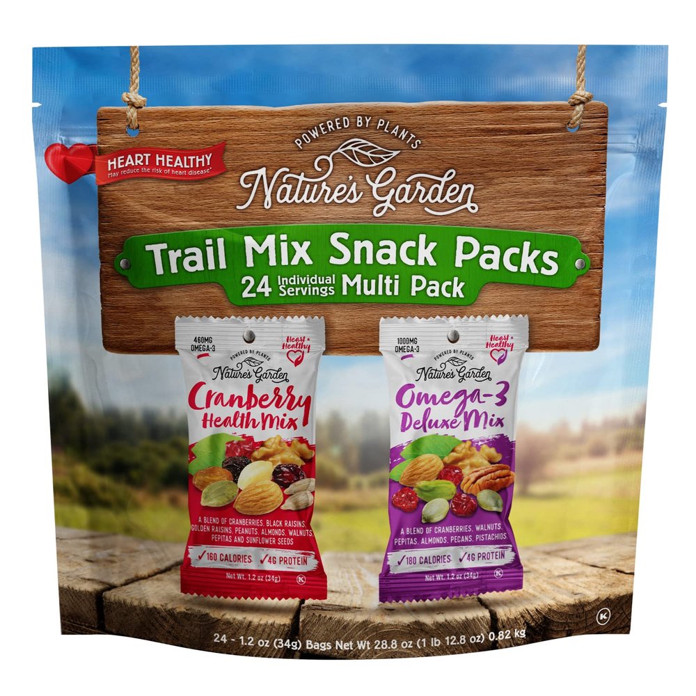 Natures Garden Trail Mix Snack Packs Cranberry Health Mix, Omega-3 Deluxe Mix, Mixed Nuts, Gluten-Free, Non-GMO, Energy Boost, Healthy Snacks, Kids Snacks 28.8 Oz Bag (24 Individual Servings)