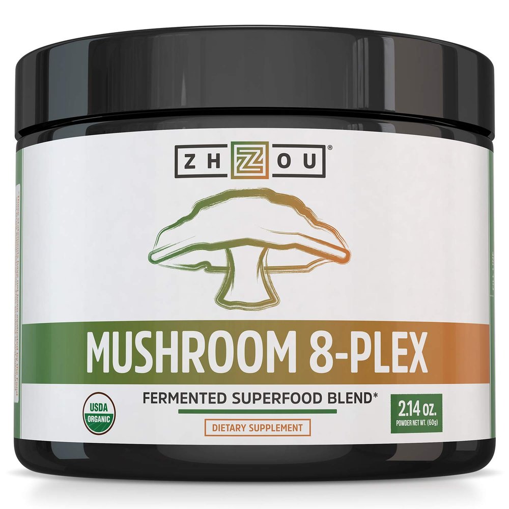 ZHOU Mushroom 8-Plex - Mushroom Supplement, Powder Blend, Coffee Alternative for Adults, Nootropic Complex for Health with Chaga, Lions Mane, Reishi & Turkey Tail - 2.14oz (30 Servings)
