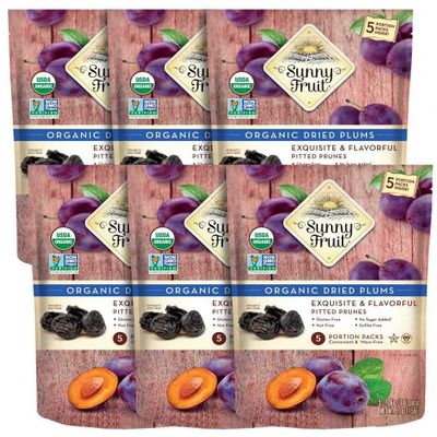 Sunny Fruit Soft Organic Prunes - 6 Bags (30 Individual Portion Packs) | No Preservatives, No Sugar Added | Healthy, Convenient Dried Plums Snack Packs | ORGANIC, NON-GMO, VEGAN, HALAL, KOSHER