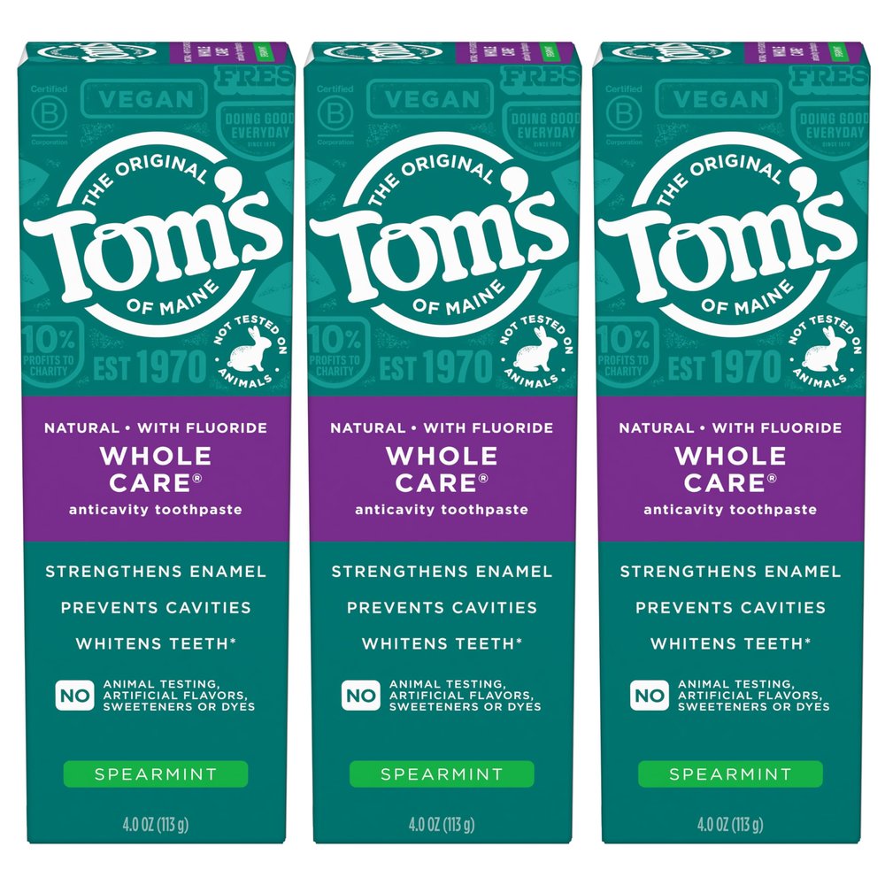 Tom's of Maine Whole Care Natural Toothpaste with Fluoride, Spearmint, 4 Ounce (Pack of 3), (Packaging May Vary)