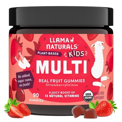 Llama Naturals Kids Multivitamin Gummies | Real Fruit, No Added Sugar Cane | Organic Vegan Toddler Whole Food Vitamins | Vitamin D, C & Beta Carotene Gummy Supplement | Strawberry 90 Ct (1-2 Months)