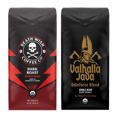 Death Wish Coffee, Whole Beans - Extra Kick of Caffeine - 1 lb & Valhalla Java Odinforce Blend 12 oz - USDA Certified Organic - Fair Trade - Arabica & Robusta Beans