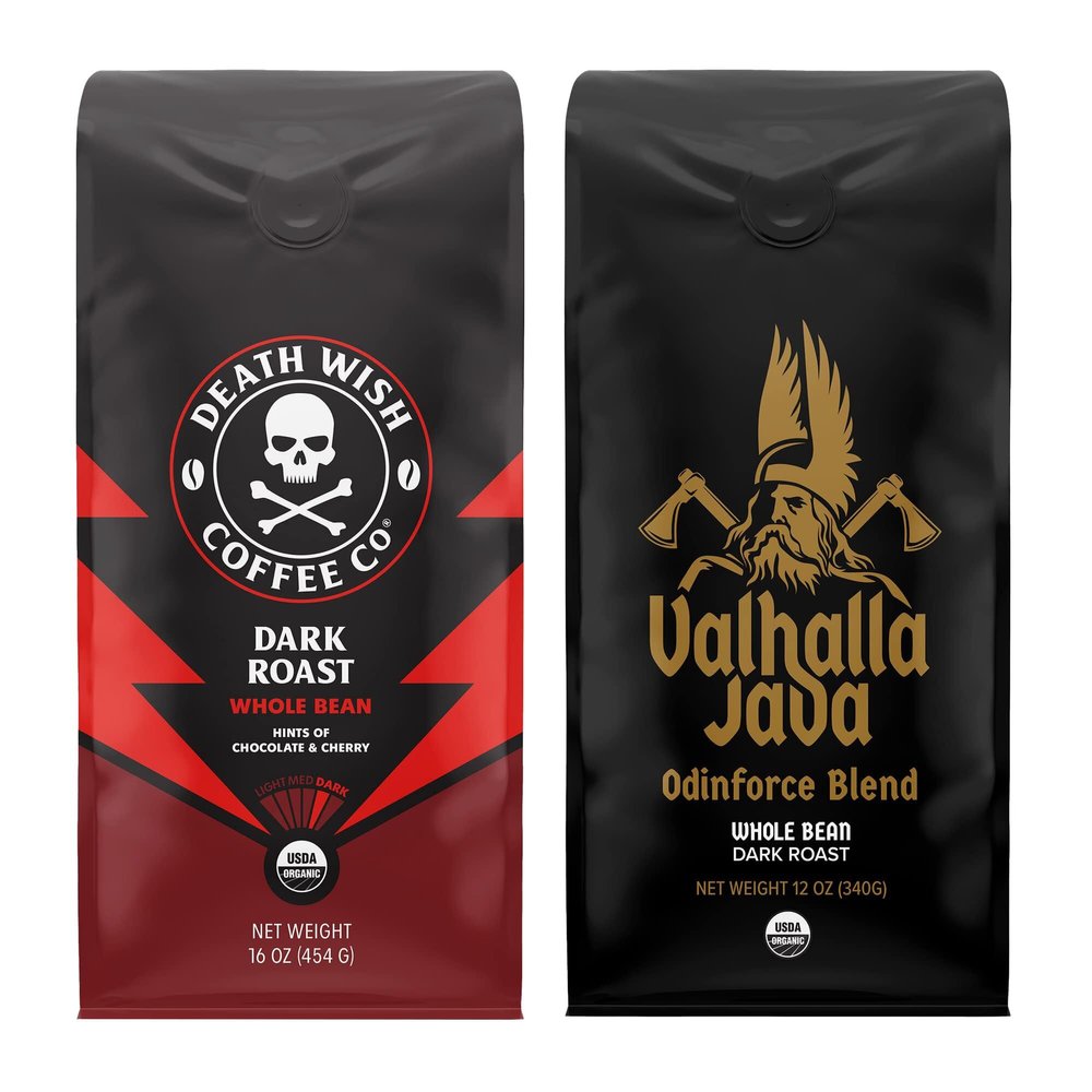 Death Wish Coffee, Whole Beans - Extra Kick of Caffeine - 1 lb & Valhalla Java Odinforce Blend 12 oz - USDA Certified Organic - Fair Trade - Arabica & Robusta Beans