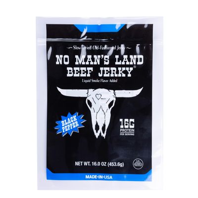 No Mans Land Beef Jerky - Low Calorie, Low Carb, High Protein Beef Snack - Flavor BLACK PEPPER 16oz (Pack of 1)