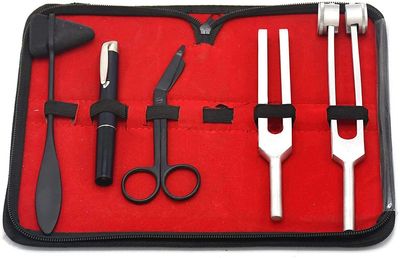 Laja Imports Tactical Black Color- Set of 5 Pcs Reflex Percussion Taylor Hammer + Penlight + Tuning Fork C 128 C 512 + Bandage Scissors 5.5" for Educational Use