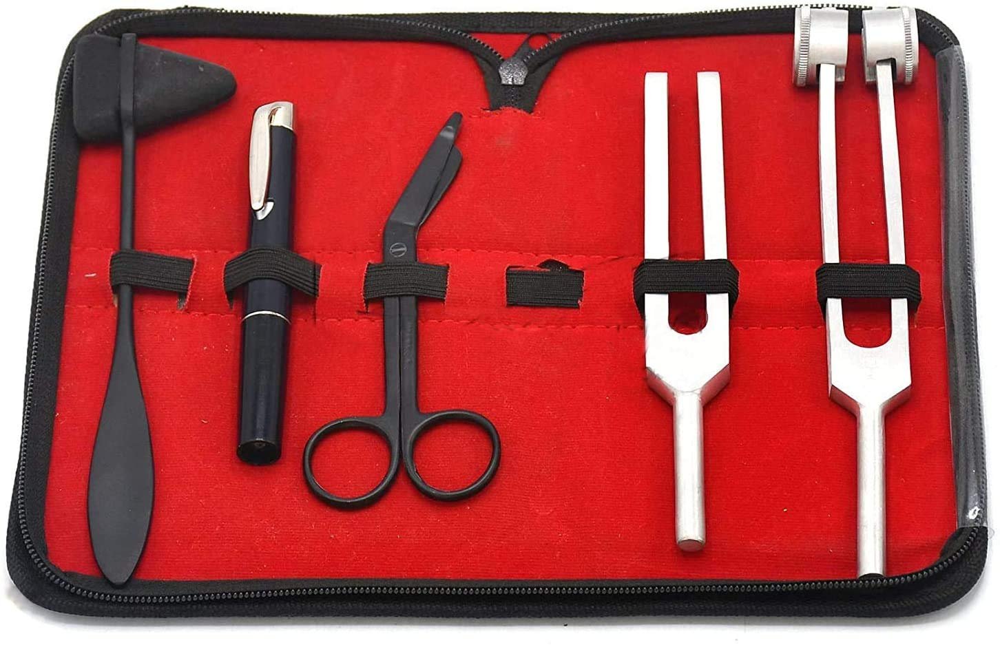 Laja Imports Tactical Black Color- Set of 5 Pcs Reflex Percussion Taylor Hammer + Penlight + Tuning Fork C 128 C 512 + Bandage Scissors 5.5" for Educational Use