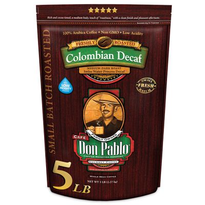 Don Pablo Colombian Decaf - Swiss Water Process Decaffeinated - Medium-Dark Roast Gourmet Coffee - 100% Arabica Whole Bean, Non-GMO, Low Acidity, 5 Pound (5 lb) Bag