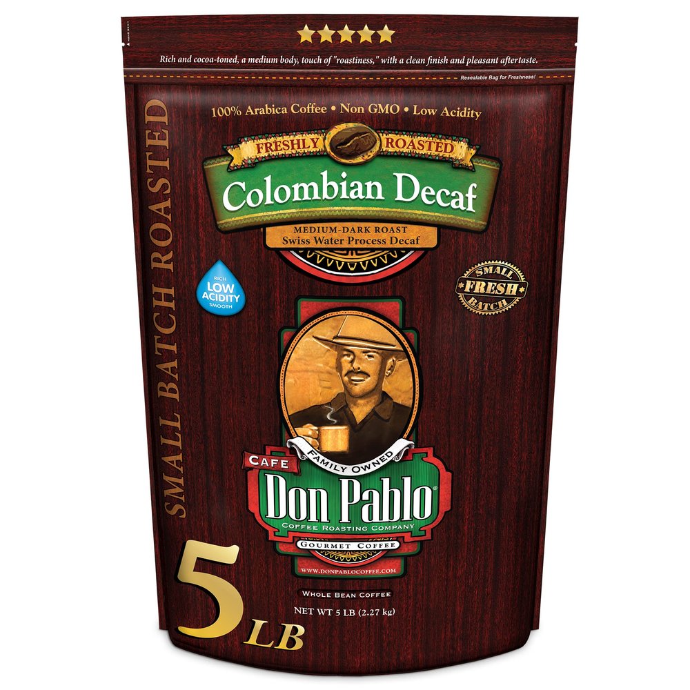 Don Pablo Colombian Decaf - Swiss Water Process Decaffeinated - Medium-Dark Roast Gourmet Coffee - 100% Arabica Whole Bean, Non-GMO, Low Acidity, 5 Pound (5 lb) Bag