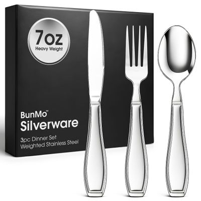 BUNMO Weighted Utensils for Hand Tremors - Elderly, Weak Hand Grip & Handicapped - Stainless Steel - Eat Independently - Weighted 3 Piece Set