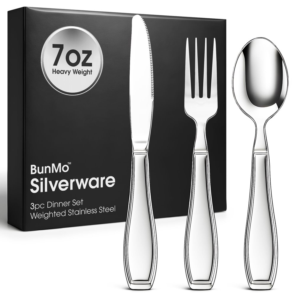 BUNMO Weighted Utensils for Hand Tremors - Elderly, Weak Hand Grip & Handicapped - Stainless Steel - Eat Independently - Weighted 3 Piece Set