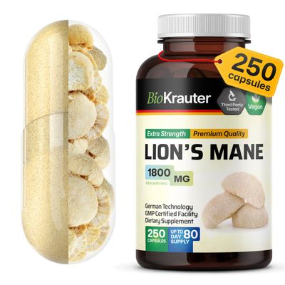 BIO KRAUTER Lions Mane Supplement Capsules 1800 mg - 250 Count - Vegan Lions Mane Powder Supplement for Brain Support - 3 Month Supply - No Fillers
