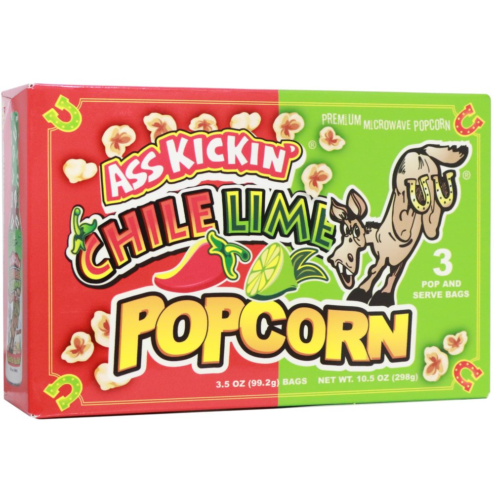 ASS KICKIN' Chile Lime Microwave Popcorn Bags - 3 Pack - Ultimate Spicy Popcorn Gourmet Gift - Makes a Great Movie Theater Popcorn or Snack Food for Movie Night