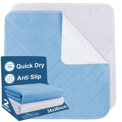 Bed Pads Washable Waterproof 34" x 36", 2 Pack Reusable Chuck Pads Incontinence Underpads Sheet Protector, Pee Pads for Adults, Elderly, Kids, Toddler and Pets, White and Blue