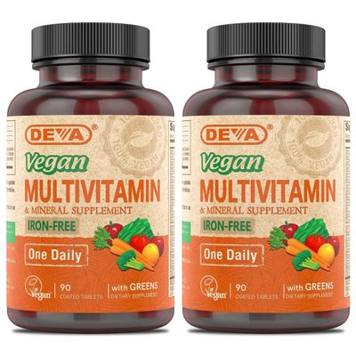 DEVA Vegan Multivitamin and Mineral Supplement - One Daily Vitamin Formula with Greens - Iron Free - 90 Coated Tablets (Pack of 2)