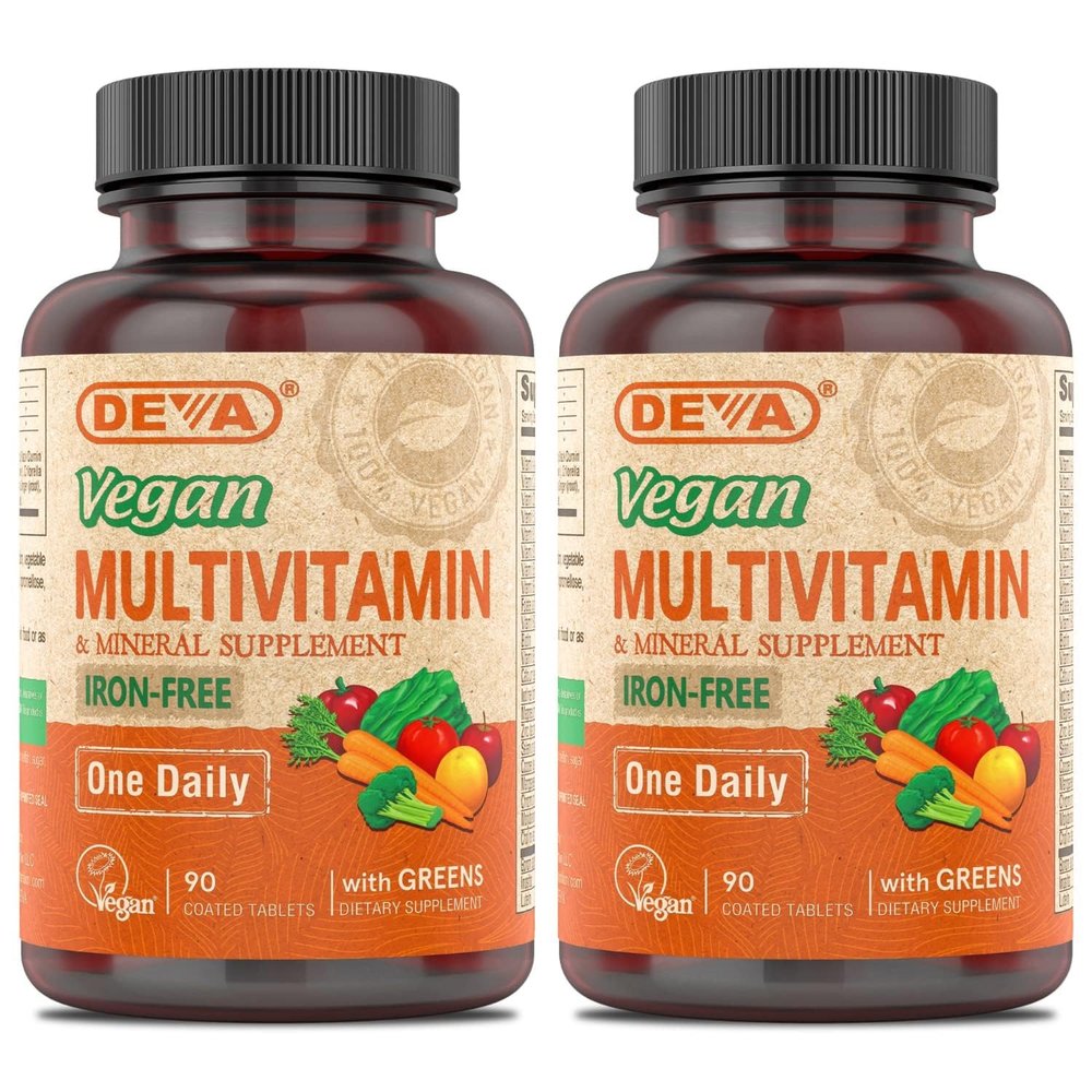 DEVA Vegan Multivitamin and Mineral Supplement - One Daily Vitamin Formula with Greens - Iron Free - 90 Coated Tablets (Pack of 2)