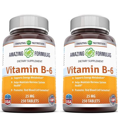 Amazing Formulas Vitamin B6 Pyridoxine 25mg 250 Tablets Supplement | Non-GMO | Gluten Free | Made in USA (2 Pack)