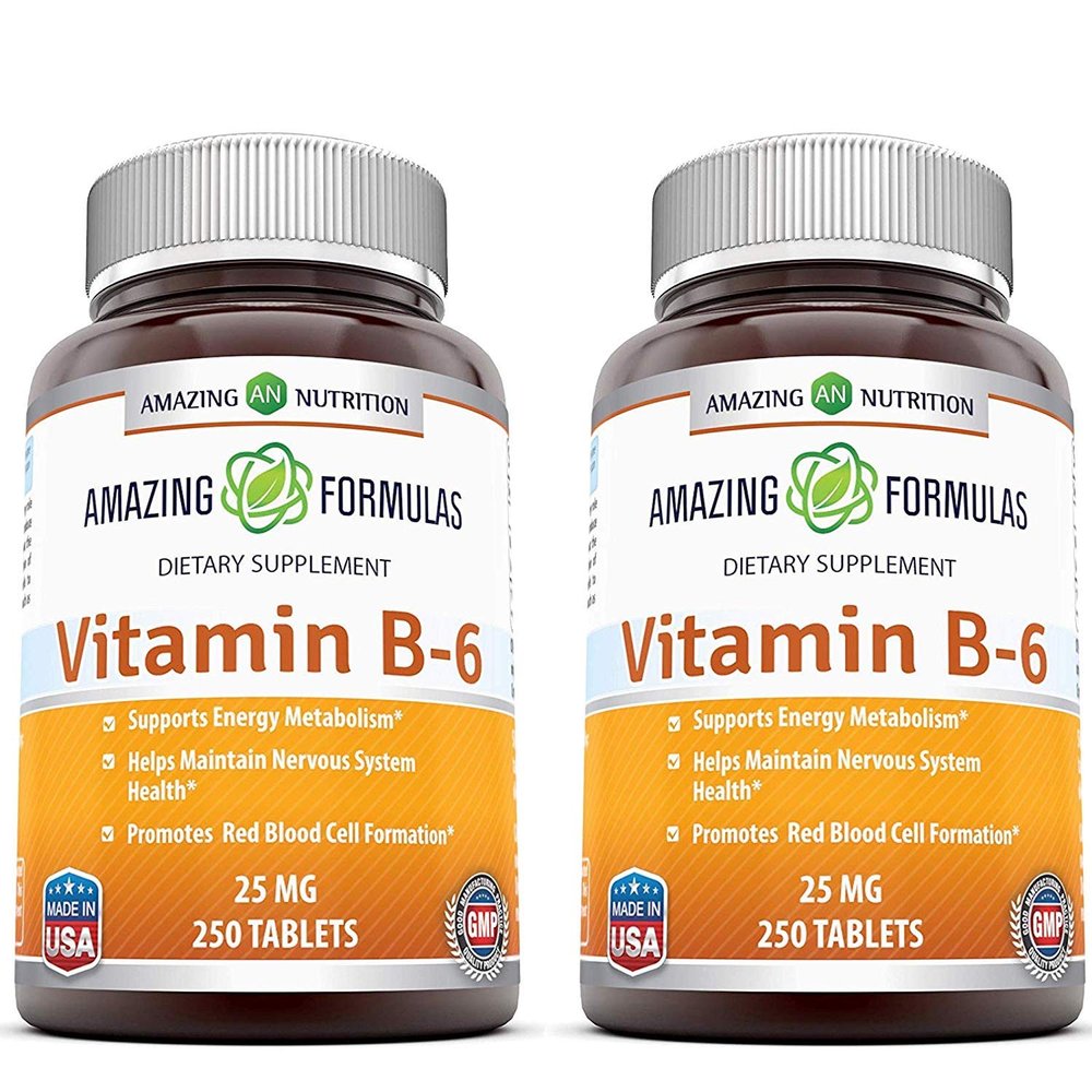 Amazing Formulas Vitamin B6 Pyridoxine 25mg 250 Tablets Supplement | Non-GMO | Gluten Free | Made in USA (2 Pack)