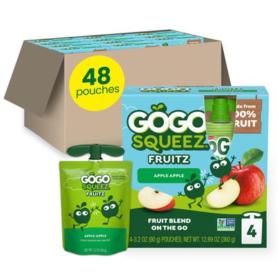 GoGo squeeZ Applesauce and Fruit Puree, Apple Apple, 3.2 oz (Pack of 48), Unsweetened Fruit Snacks for Kids, Gluten Free, Nut Free and Dairy Free, Recloseable Cap, BPA Free Pouches