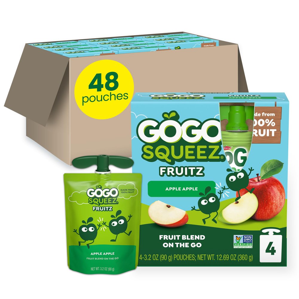 GoGo squeeZ Applesauce and Fruit Puree, Apple Apple, 3.2 oz (Pack of 48), Unsweetened Fruit Snacks for Kids, Gluten Free, Nut Free and Dairy Free, Recloseable Cap, BPA Free Pouches