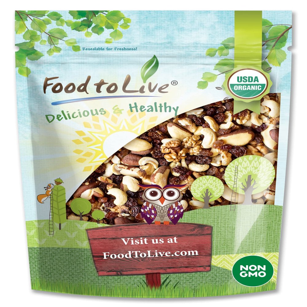 Food to Live Organic Energy Trail Mix, 8 Ounces Non-GMO and Raw Nuts and Berries including Cashews, Golden Berries, Raisins, Walnuts, and Brazil Nuts. Non-Irradiated, Vegan Superfood, Bulk