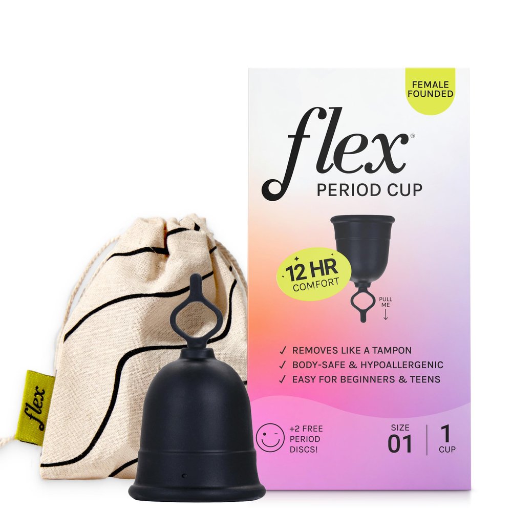 Flex Cup Starter Kit (Full Fit - Size 01) | Reusable Menstrual Cup + 2 Free Menstrual Discs | Pull-Tab for Easy Removal | Tampon + Pad Alternative | Lasts up to 10 Years | Capacity of 2 Super Tampons