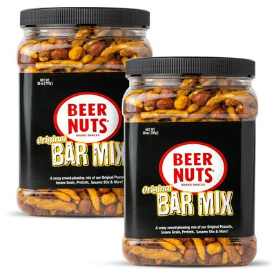 BEER NUTS Original Bar Mix - Pretzels, Cheese Stix, Sesame Stix, Insane Grain - 26oz Resealable Jar (Pack of 2)