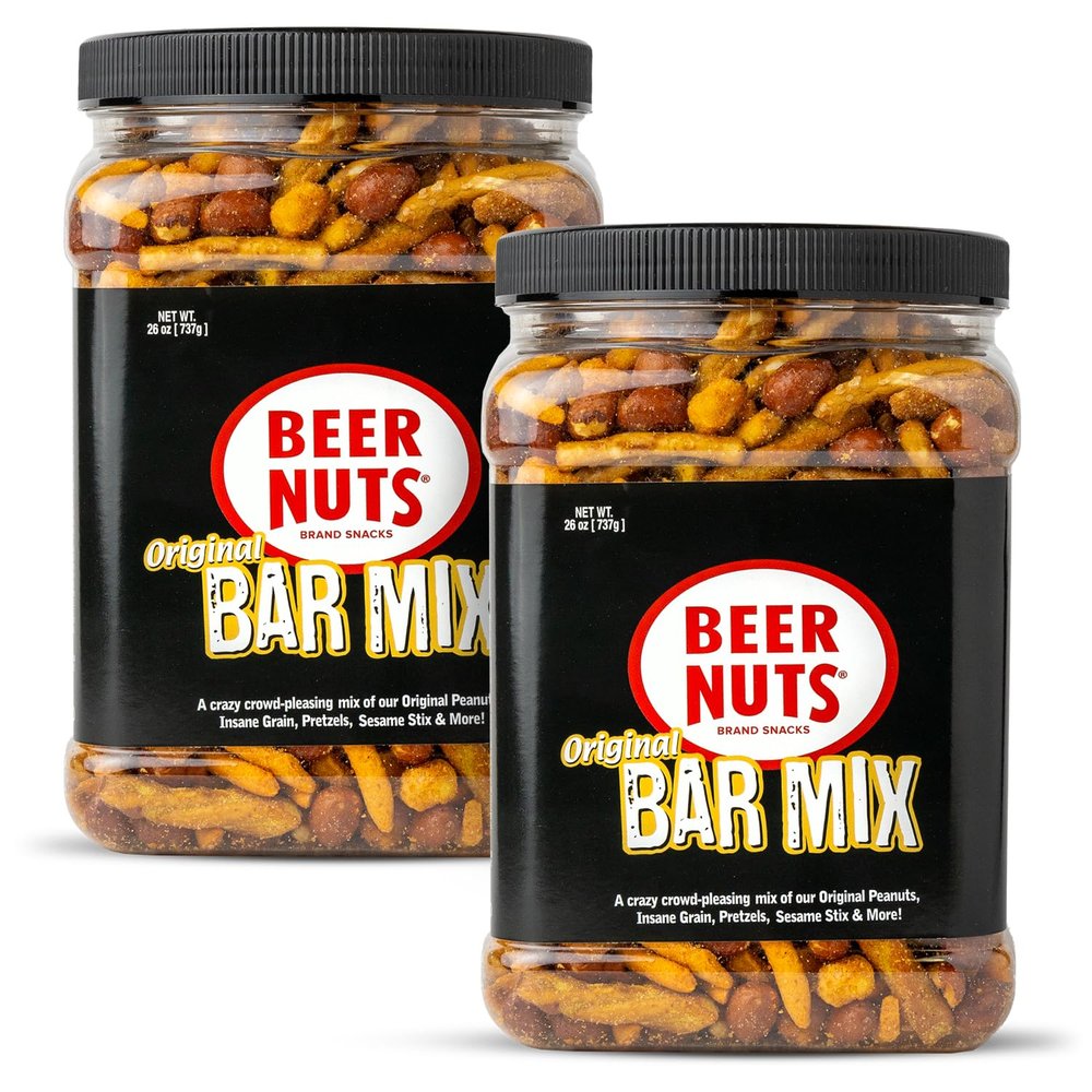BEER NUTS Original Bar Mix - Pretzels, Cheese Stix, Sesame Stix, Insane Grain - 26oz Resealable Jar (Pack of 2)