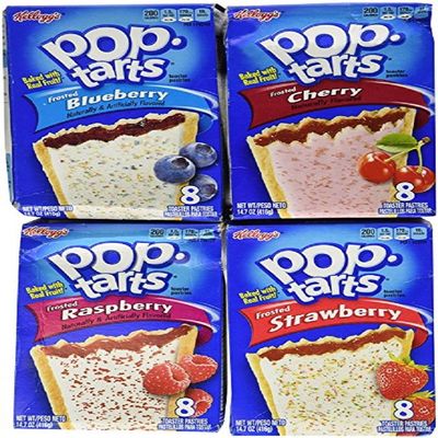 Pop Tarts Variety Pack, Frosted FRUIT Flavors: Strawberry, Blueberry, Cherry, and Raspberry. Bundle of 4-8 Count Boxes, 1 of Each Flavor. Great Care Package or Gift