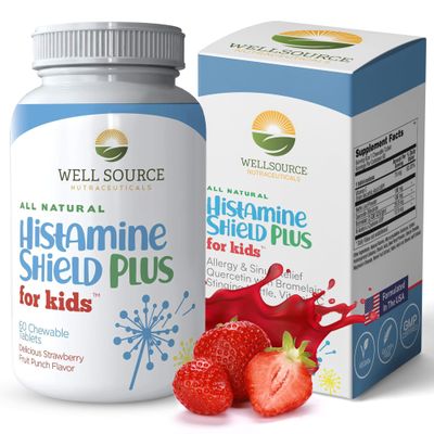 Histamine Shield Plus Natural Antihistamine Supplement, Sinus & Allergy Relief for Pollen, Pet Dander, Dust, Mold, and Odors, 60 Strawberry Fruit Punch Chewable Tablets